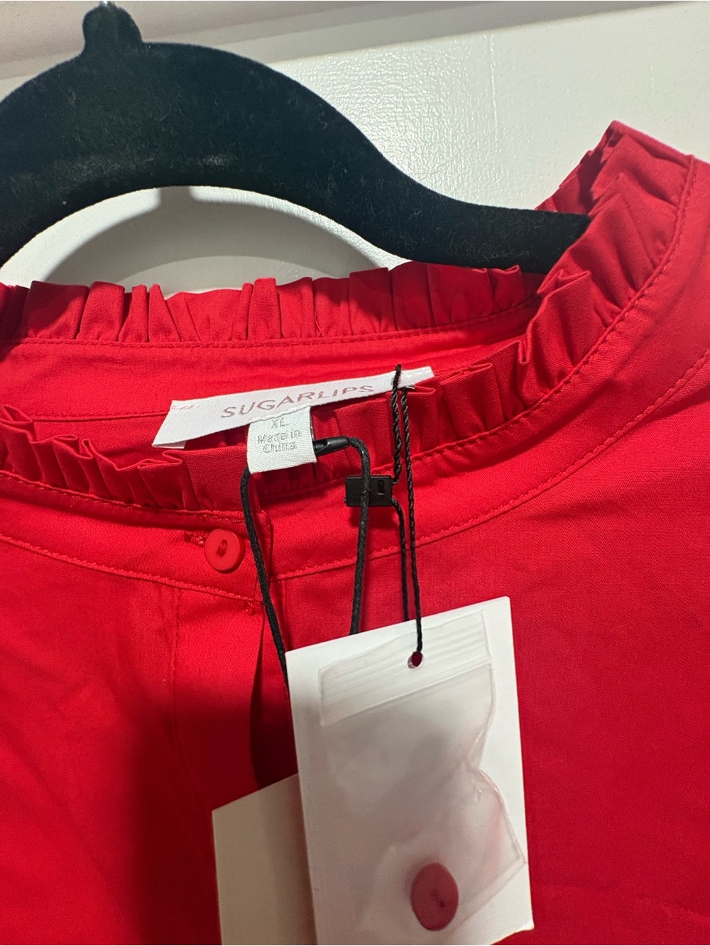 Sugarlips Red Ruffled Neck Button-Down Blouse - Picture 3 of 3